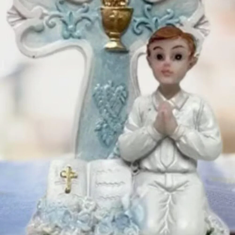 First Communion Praying Boy with Blue Cross Figurine Favor Religious Gift